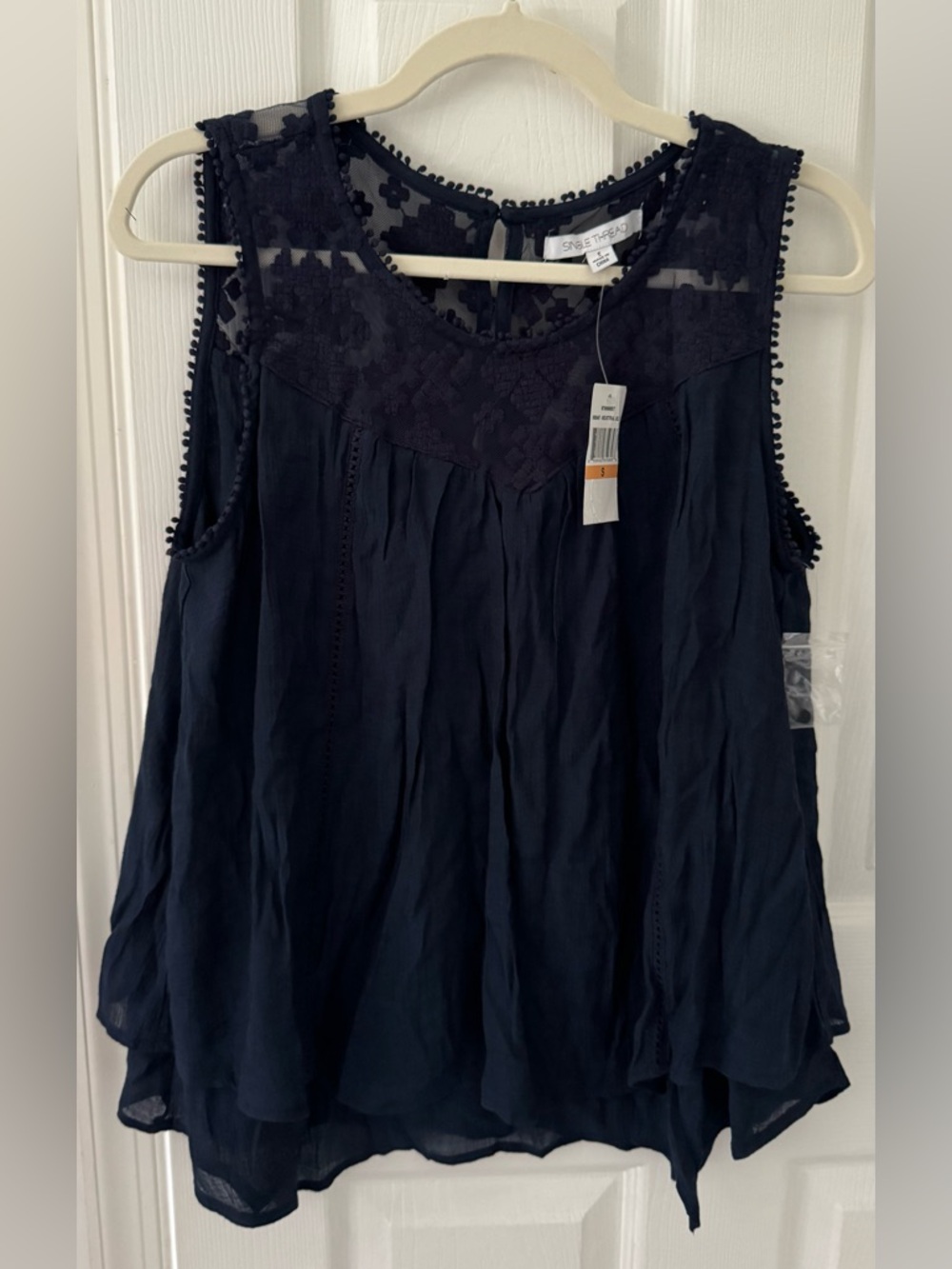 Single Navy Pom-Pom Trim Lace Yoke Tank